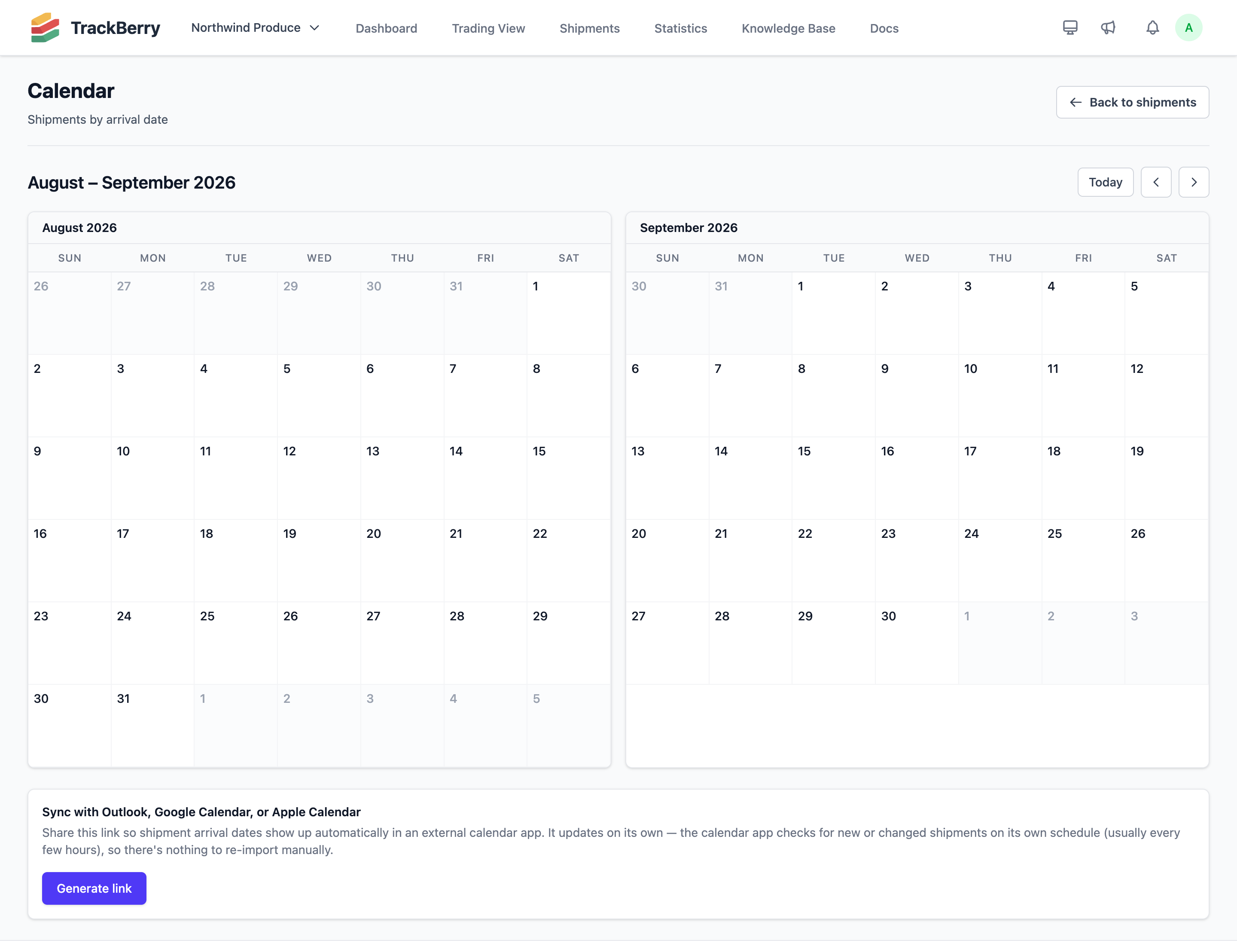 The Calendar page, showing shipments on their expected arrival dates