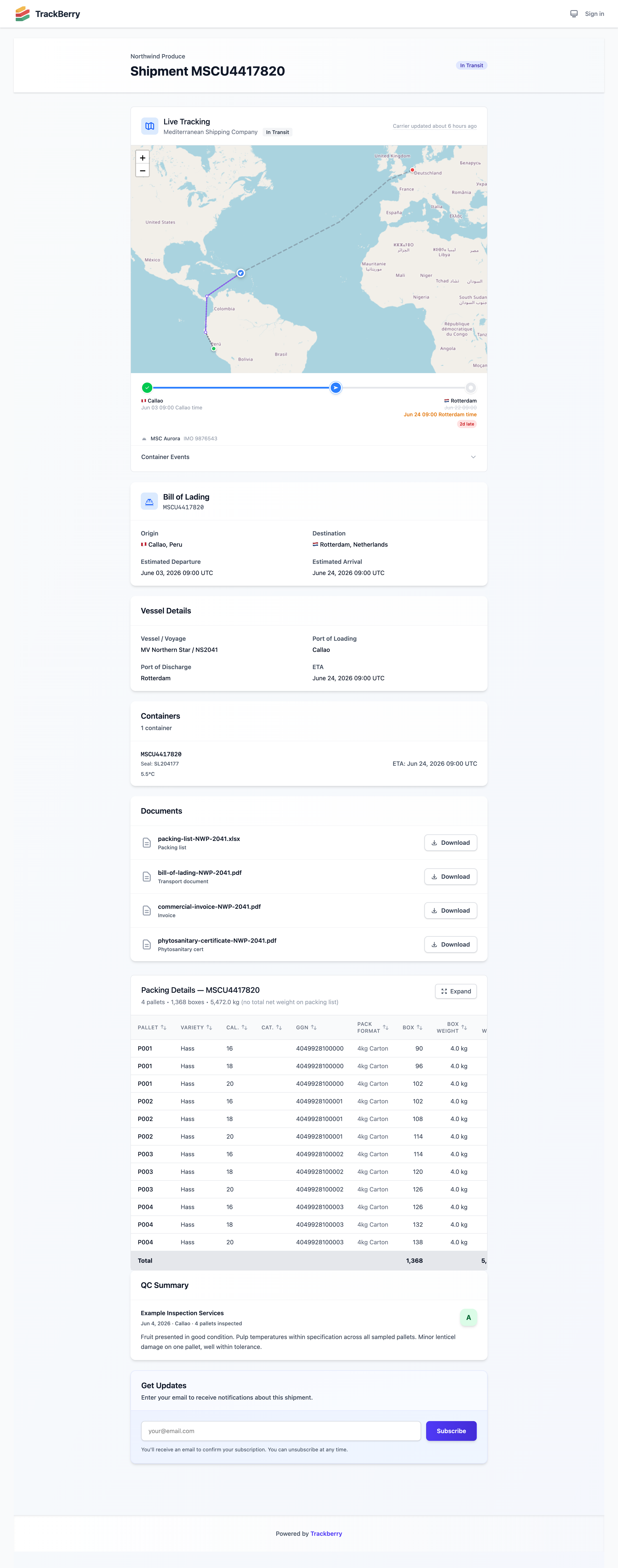 A public tracking page