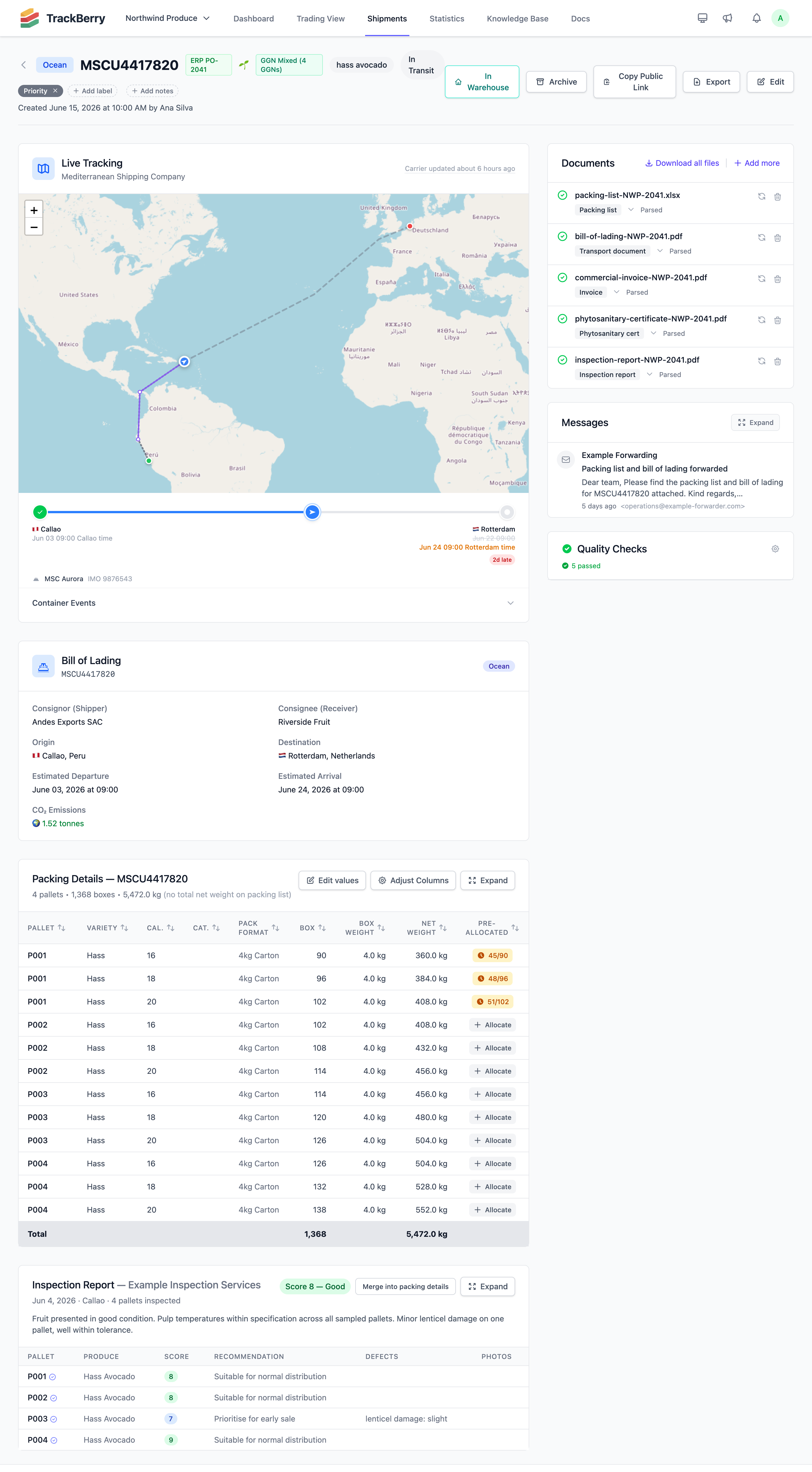 A shipment page after processing