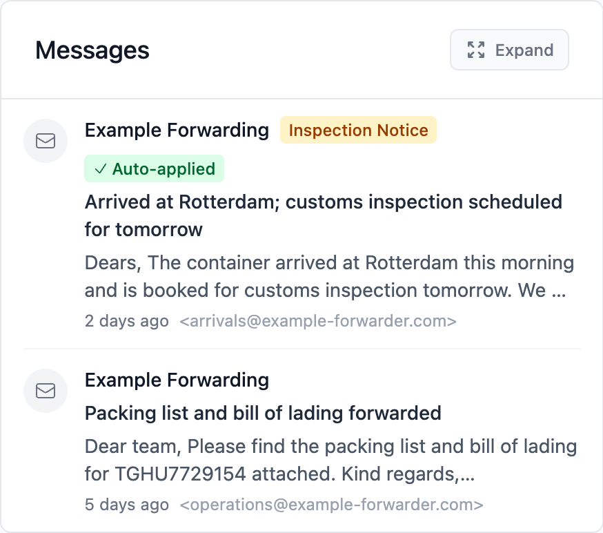The Messages card on a shipment