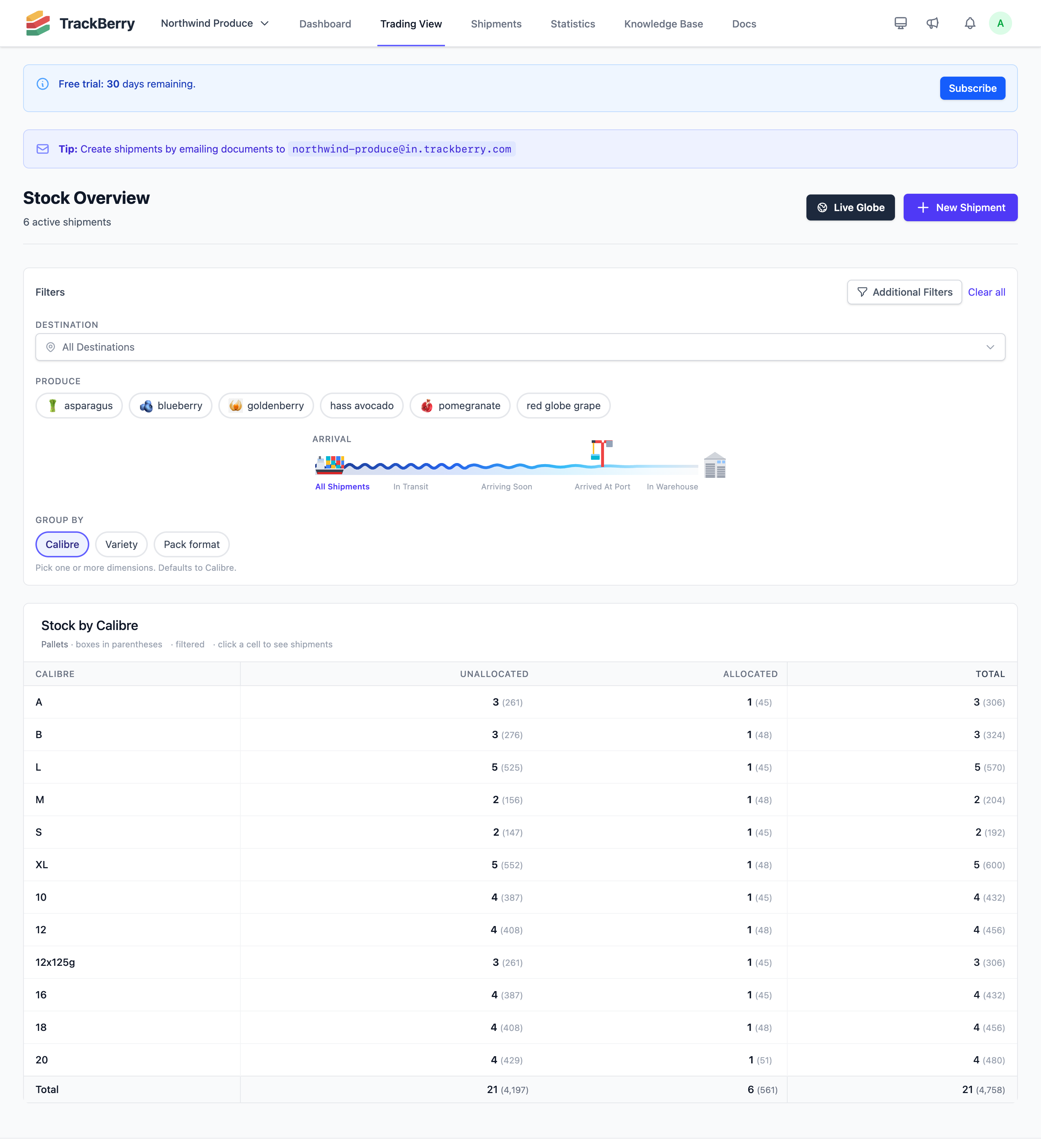 Stock Overview, showing filters above the stock matrix